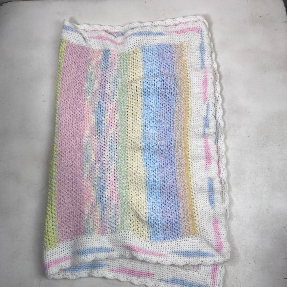 Vtg Pastel‎ Crochet Baby Blanket, Handmade Knit Stripes White Trim Soft READ - Picture 5 of 7